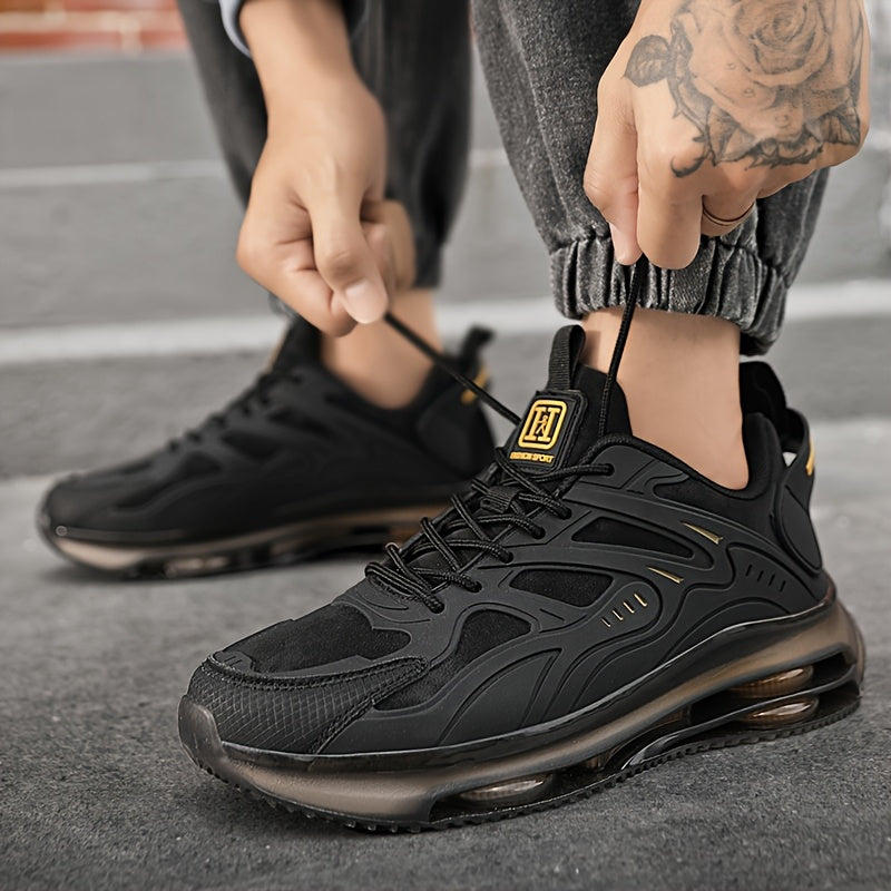RLS Men's Low-Top Road Running Shoes - Breathable Mesh & Durable Rubber Sole, Fashion Black with Golden Accents, Secure Lace-Up Closure for All-Season Comfort, Sports & Casual Wear, Sleek Shoe Design, Flexible Interior Lining - Revitalize Mind Body