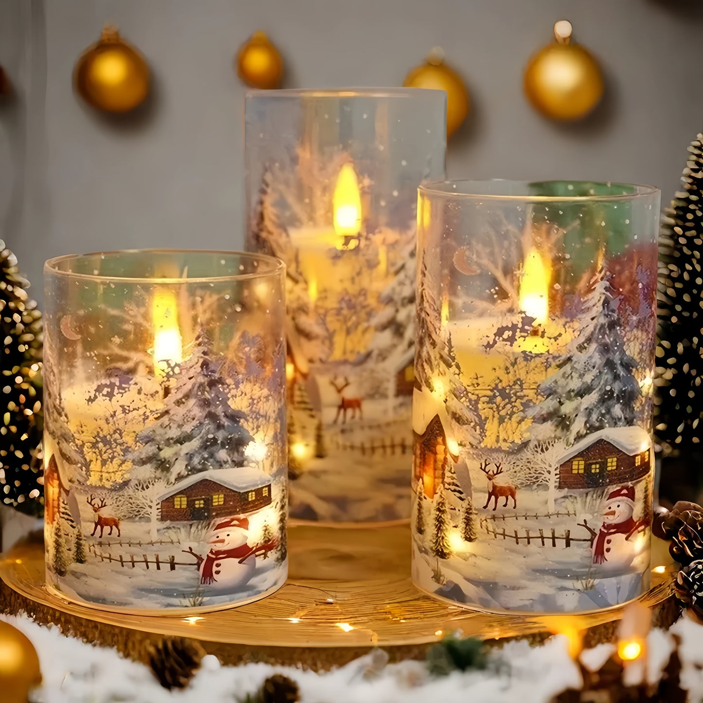 Flameless LED Pillar Candles With Snow Scene Snowman Pattern Decor