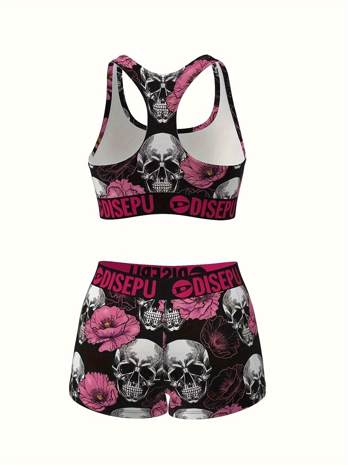 Gothic Floral Skull Print Sports Bra And Shorts Set - Revitalize Mind Body