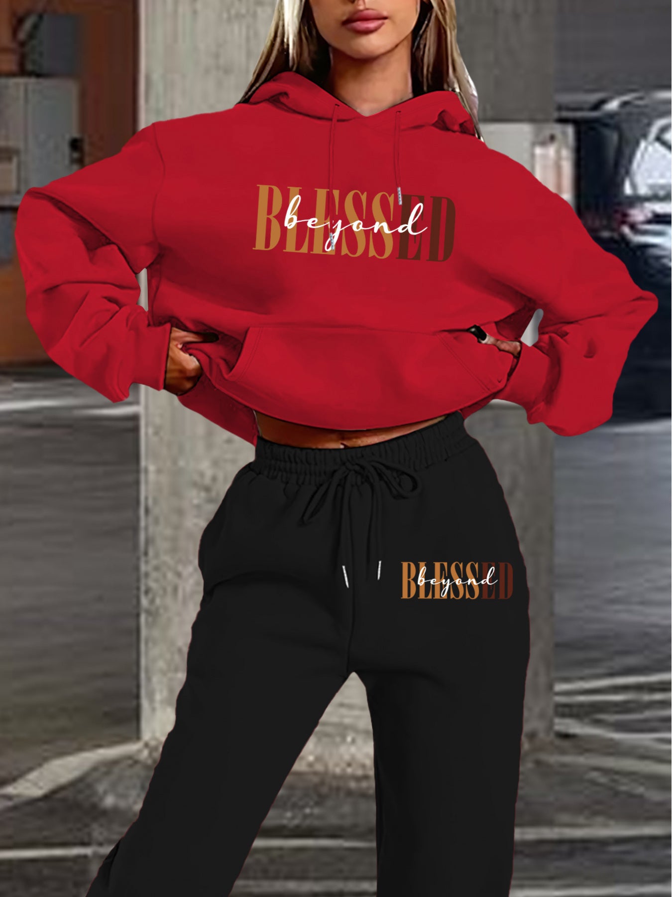 Women’s Letter Print Hoodie And Jogger Set Polyester With Pockets