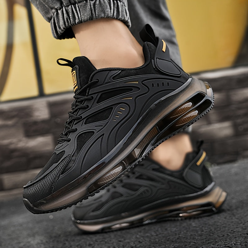 RLS Men's Low-Top Road Running Shoes - Breathable Mesh & Durable Rubber Sole, Fashion Black with Golden Accents, Secure Lace-Up Closure for All-Season Comfort, Sports & Casual Wear, Sleek Shoe Design, Flexible Interior Lining - Revitalize Mind Body