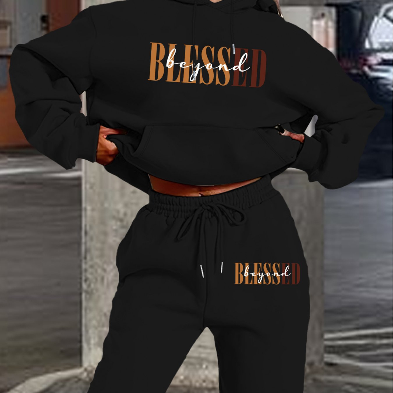 Women’s Letter Print Hoodie And Jogger Set Polyester With Pockets