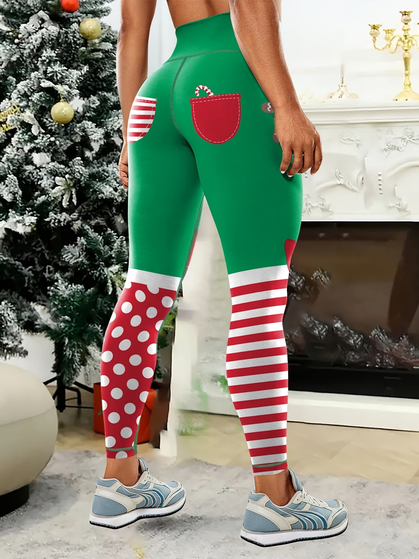 Christmas Ball Pattern Striped Yoga Leggings High Stretch