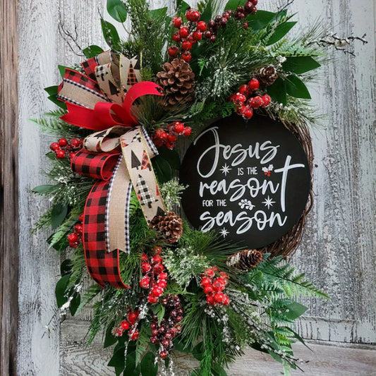 Vintage Christmas Wreath With Jesus Is The Reason Sign
