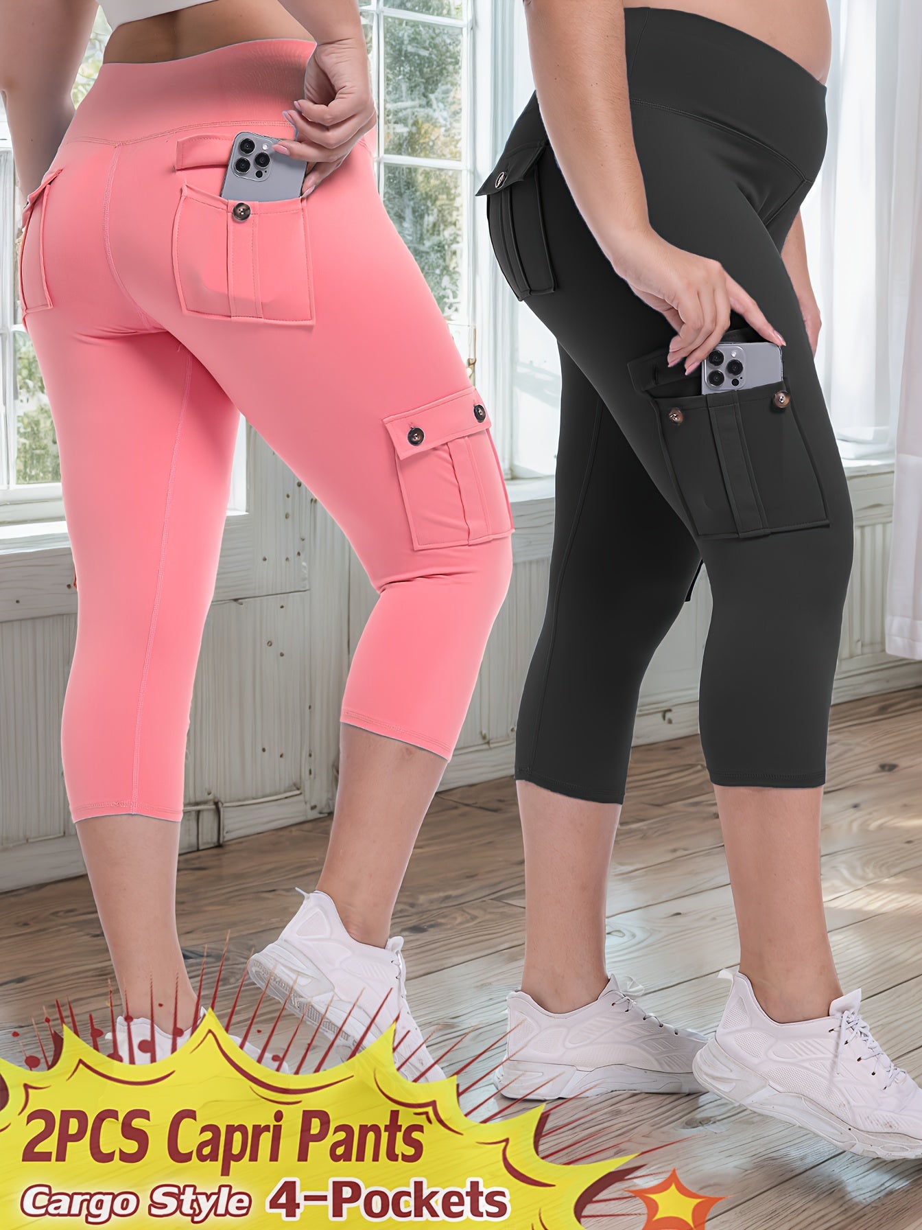 JEGGE High Waist Yoga Capri Pants Set with Pockets Active