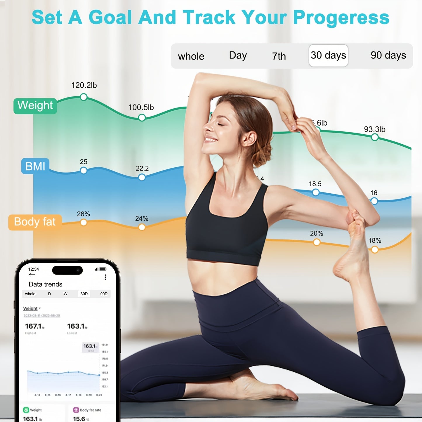 [1pc Smart Scale] 1pc Smart Scale | 11.8*11.8in Color Large Display Bathroom Scale with BMI Weighing, Body Composition Monitoring, 400LB Load Capacity, Thickened ITO Glass, Smartphone Apps - Revitalize Mind Body