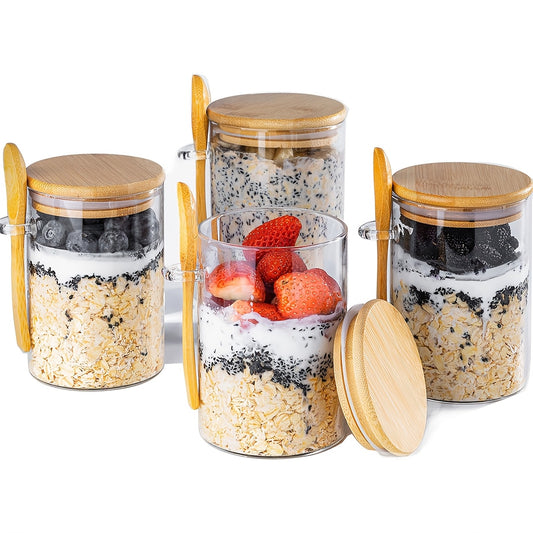 8pcs Overnight Oats Container with Scoop (4 Jars + 4 Scoops), Sealed Salad Jars, Ice Cream Cups, Canned Fruit Storage, Outdoor Bento Boxes, Breakfast Prep Containers - Revitalize Mind Body