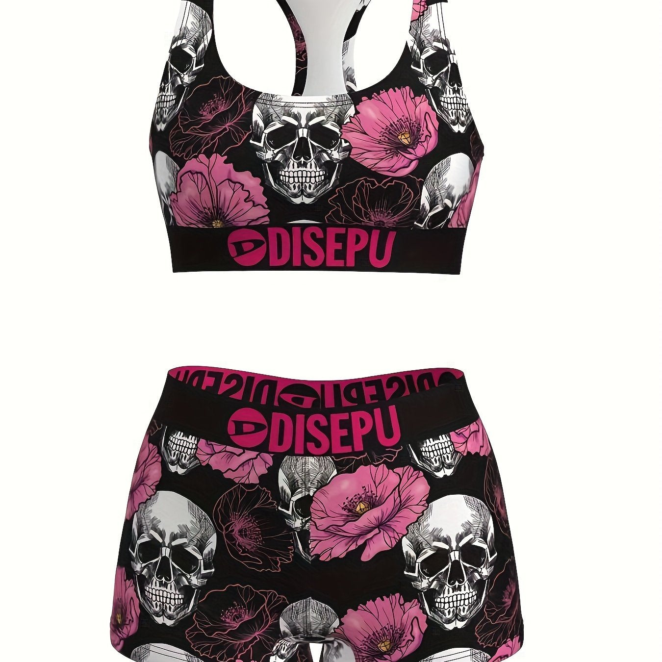 Gothic Floral Skull Print Sports Bra And Shorts Set - Revitalize Mind Body