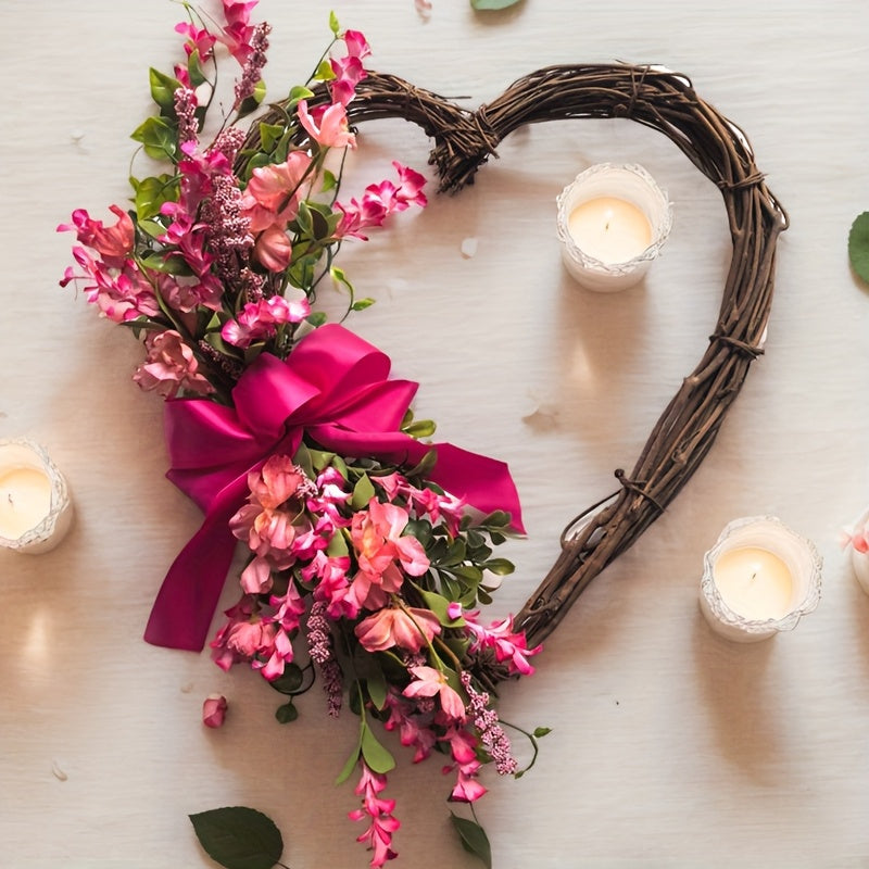 Heart Shaped Floral Wreath Farmhouse Door Decor With Glossy Bow