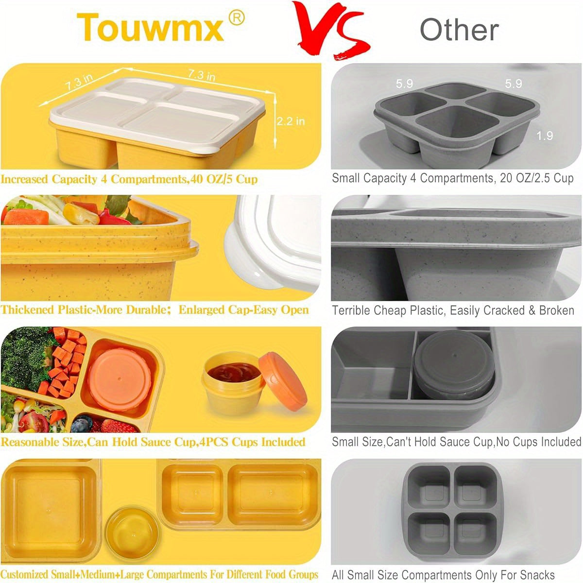 4-Pack Original Design Lunchable Container Bento Box, 40oz Large 4-Compartment Square Plastic Lunch Boxes for Adults & Kids, Microwave & Dishwasher Safe with Salad Dressing Containers, Portable for School, Office, Picnics, Pi - Revitalize Mind Body