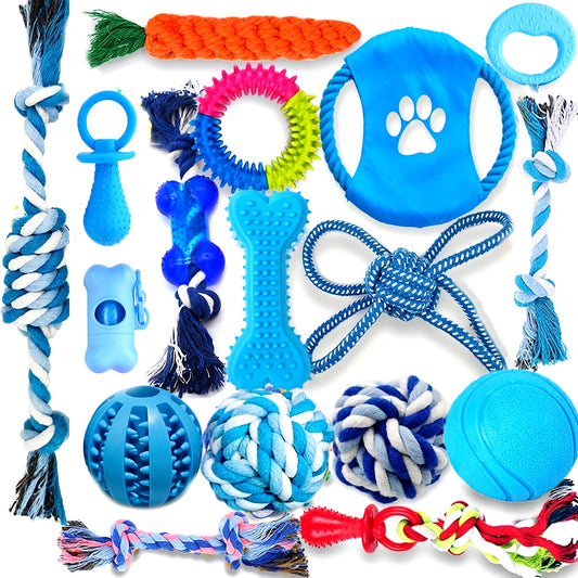 Dog Teething Chew Toys - 17 Pack Tough Small Medium Large Breed Puppy Toys, Dogs Rope Chew Toys Bundle for Boredom, Pet Interactive Squeaky Treat Dispensing Ball for Puppies - Revitalize Mind Body