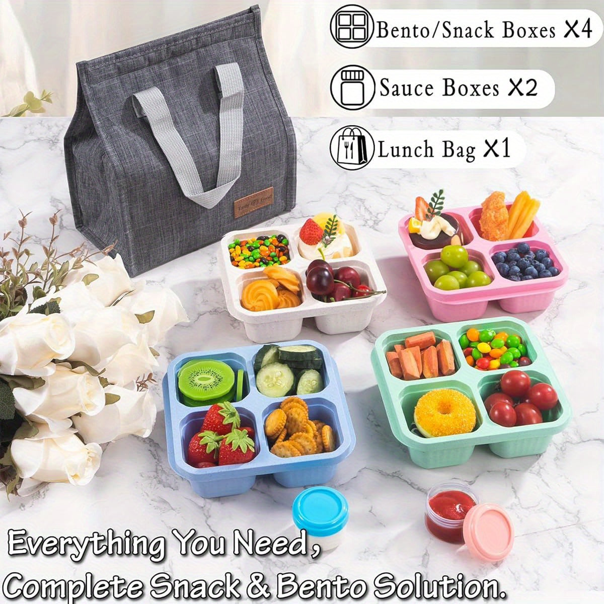4 Pack Snack Containers with lunch Bag & Sauce Box - 4 Compartments Bento Snack Box - Reusable Meal Prep Lunch Container for Kids Adults - Divided Food Storage Containers for School Work Travel - Revitalize Mind Body