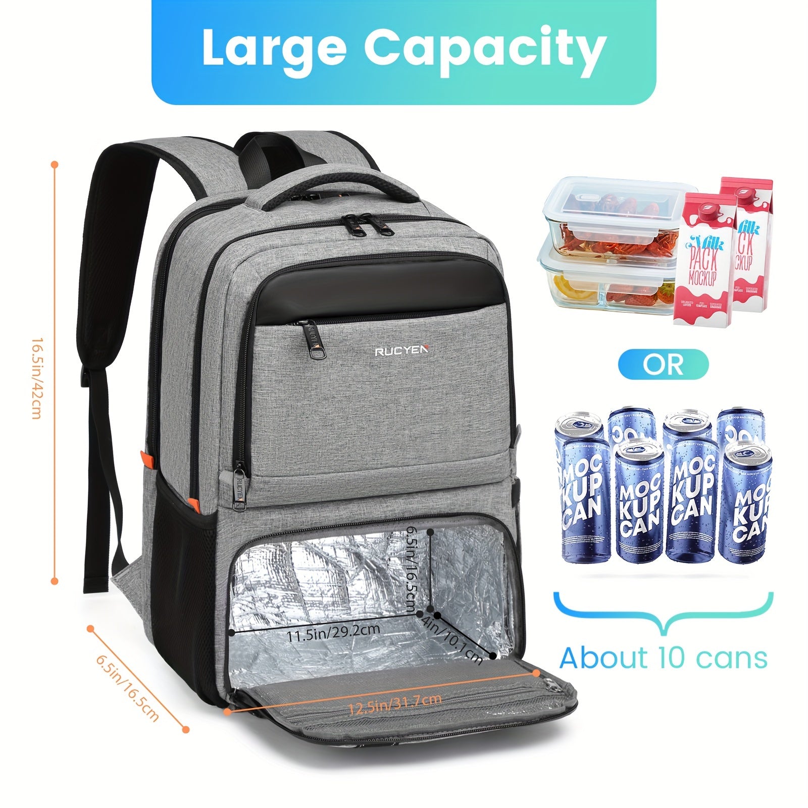 15.6 Inches RFID Blocking Laptop RUCYEN Backpack - Insulated Cooler Lunch Box with USB Port for Men Women - Work Travel Picnics Hiking - Revitalize Mind Body