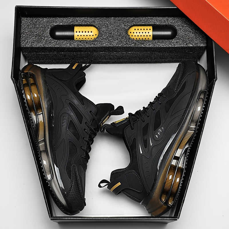 RLS Men's Low-Top Road Running Shoes - Breathable Mesh & Durable Rubber Sole, Fashion Black with Golden Accents, Secure Lace-Up Closure for All-Season Comfort, Sports & Casual Wear, Sleek Shoe Design, Flexible Interior Lining - Revitalize Mind Body