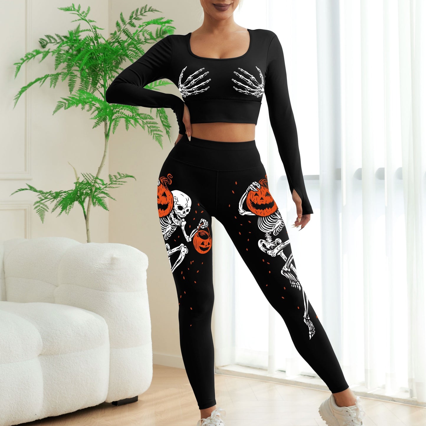 Women's Halloween Glow In Dark Skeleton Pumpkin Yoga Set
