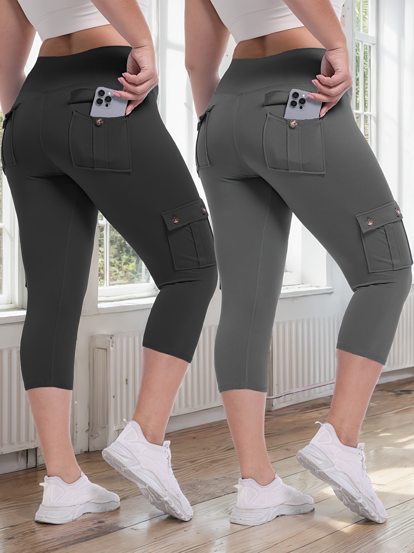 JEGGE High Waist Yoga Capri Pants Set with Pockets Active