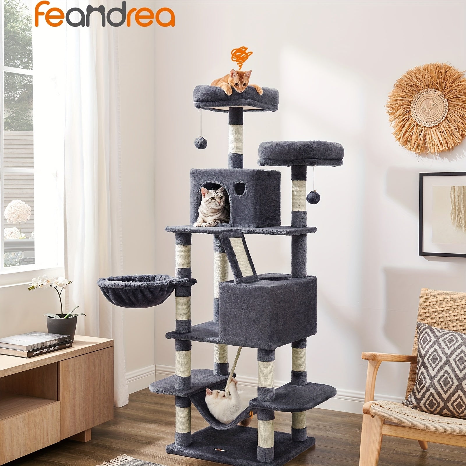 66.1/44.1in Cat Tree, Large Cat Tower with 13 Scratching Posts, 2 Perches, 2 Caves, Hanging Basket & Hammock, Pompoms, Stable Kitty Play House, Multi-Level Plush Cat Condo for Indoor Cat, Easy to Assemble, Perfect Children's - Revitalize Mind Body